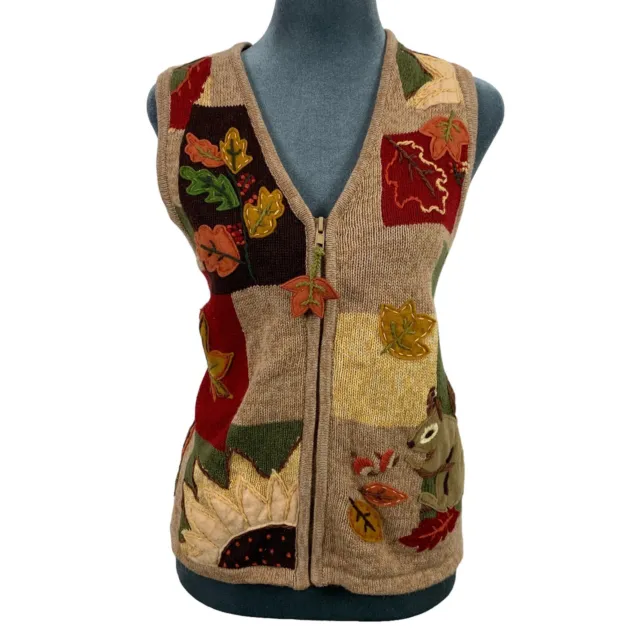 Vintage Tiara International Womens Small Full Zip Knit Vest Squirrel Leaf Flower