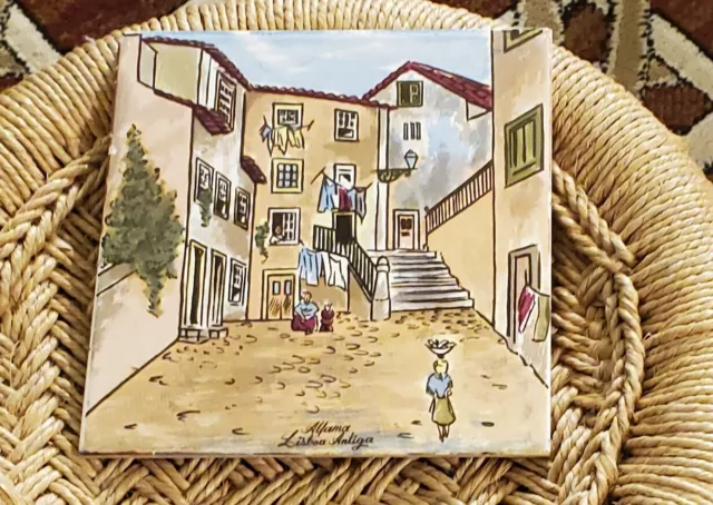 Ceramic Tile Trivet Vintage Antigua Hand Painted Alfama Lisboa  6" X 6"