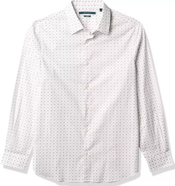 Perry Ellis Men's Dainty Dot Floral Print Long Sleeve Stretch Shirt, White[ L]