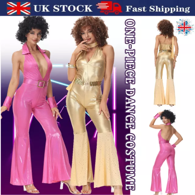 60s 70s Ladies Costume Retro Hippy Hippie Disco Go Go Girl Jumpsuit Clubwear -UK