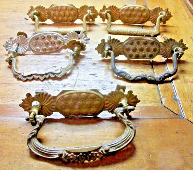5 Early Vintage Fancy Dresser Drawer Pull Original Salvaged #1 Stamped 4"