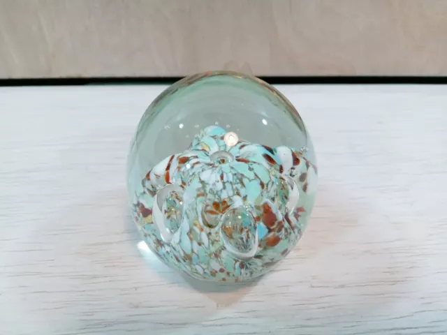 Vintage Hand Blown ART GLASS PAPERWEIGHT White Green Brown Controlled Bubbles