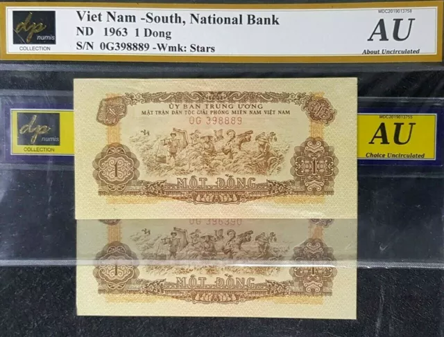 RARE 1963 VIETNAM South National Bank 1 Dong B/note 2Pcs (+FREE1 note)#20192 3