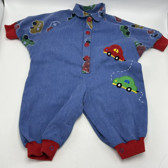 Vintage 6-9 Months Race Car Theme One Piece Outfit Blue Jean Material Denim