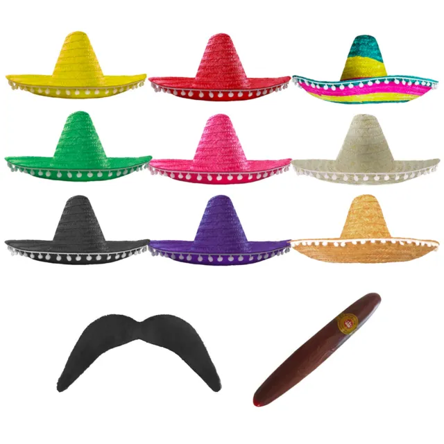 Mexican Sombrero Straw Hat Pompoms Add Accessories Moustache Cigar Fancy Dress