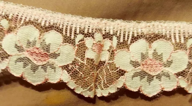 Antique Vintage Bridal French Lace Floral Trim 2" pink and white by the yard