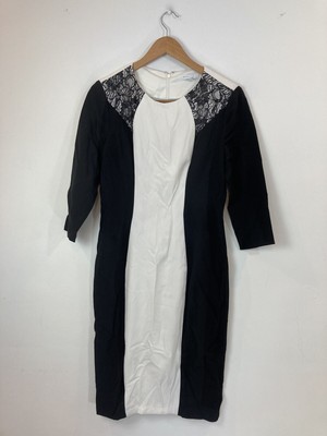 NY & Co. Women's Dress Medium Shift Black & White Colorblock Midi Zip Up Lace