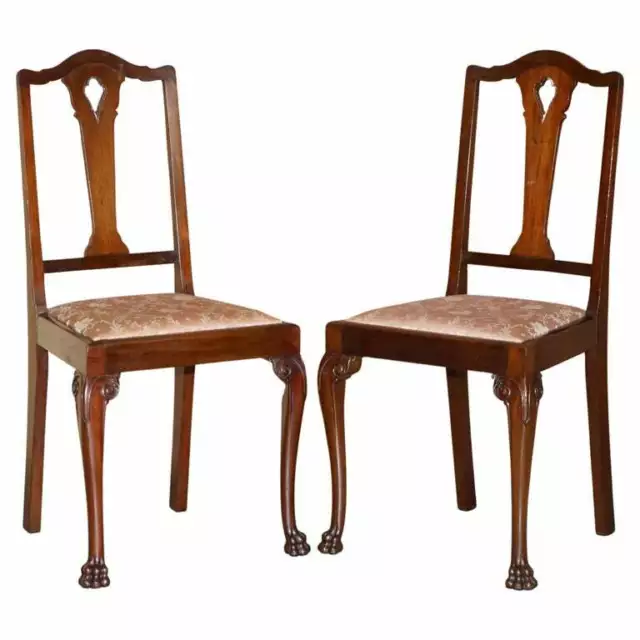 Pair Of Antique Honduras Mahogany English Hand Carved Lion Hairy Paw Feet Chairs