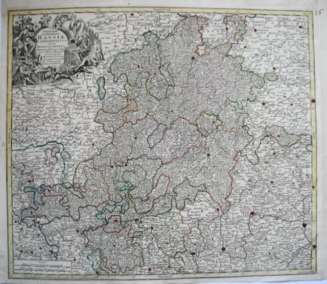 Hessen Frankfurt Gießen Fulda Kassel Korbach  Kupferstich Landkarte Seutter 1722