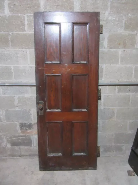~ ANTIQUE OAK 6 PANEL DOOR WITH HARDWARE B ~ 31.75 x 81.5 ARCHITECTURAL SALVAGE