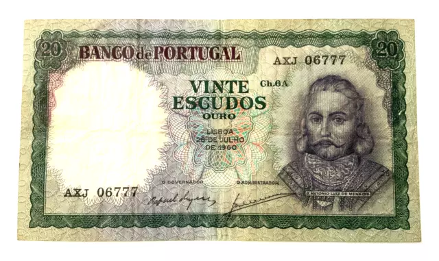 1960 Bank of Portugal 20 Escudos Banknote Antonio Luiz de Menezes Ch.6A