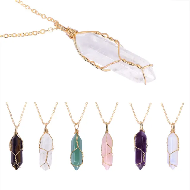 Natural Stone Crystal Chakra Necklace Quartz Gemstone Pendant with Chain Jewelry 3