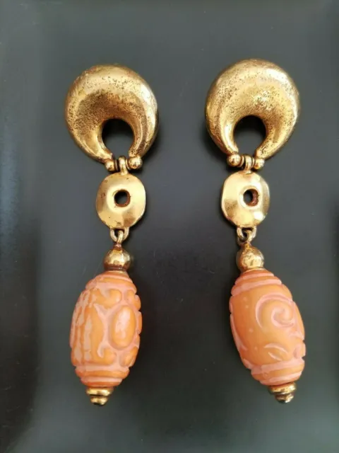 Rare Ben Amun Marked Dangle Earrings Gold Tone Clip On Estate Jewellery 4"