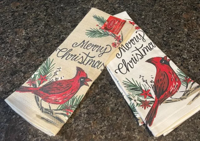 Set of 2 St. Nicholas Square Kitchen Towels Cotton “Merry Christmas”  Cardinals
