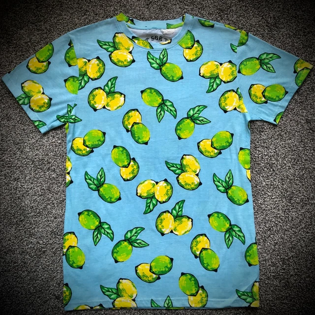 LEMON LIME T-SHIRT bright aqua blue green yellow allover pattern fruit MEN SMALL