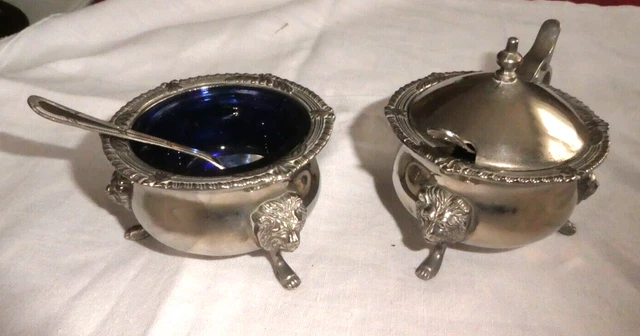 Saliere Moutardier Cuilleres En Metal Argente Anglais  Verre Bleue Tete De Lion