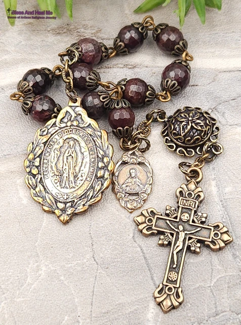 Virgin Mary Sacred Heart Garnet Vintage Bronze Ornate Chaplet