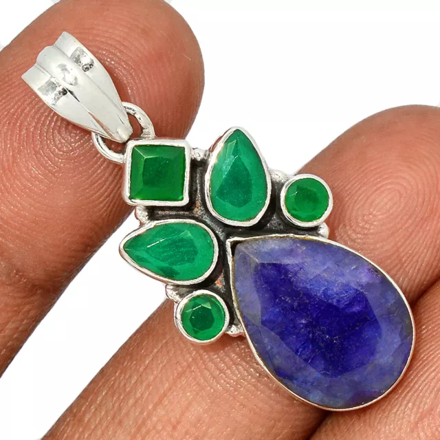 Treated Sapphire & Emerald 925 Sterling Silver Pendant Jewelry CP42308