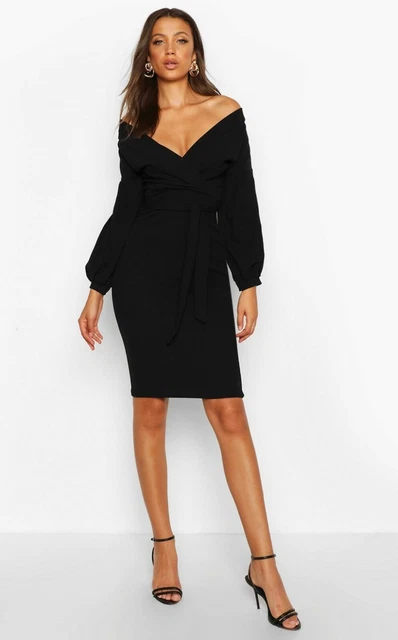 Boohoo Black Off Shoulder Wrap Waist Bodycon Dress Size 8 - 12