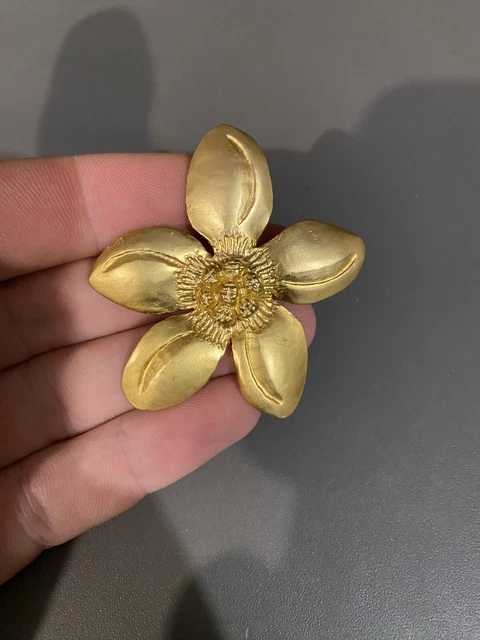 Broche Vintage Dolce Vita Paris - 50x50 Mm, Métal Doré Mat, Cabochon Résine Orange, Occasion