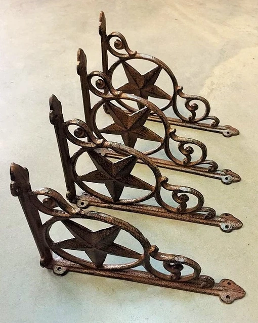 SET OF 4 WESTERN STAR SHELF BRACKET/BRACE, Antique Rustic Brown patina cast iron