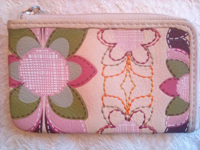 Fossil Cream Green Pink Floral Leather Key Holder Coin Zipper Pouch 3 x 5"