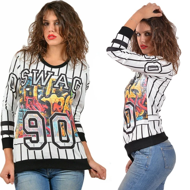 T-Shirt Donna Maglia Bianca Manica Lunga Elegante Cotone Righe Girocollo top da