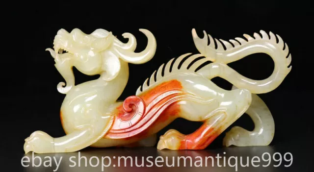 6.2" Chinese Natural Hetian White Jade Carving Dragon Beast Statue Sculpture