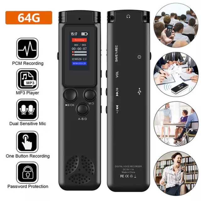 64G Digital Voice Recorder Dictaphone Audio MP3 Player Sound Recording Device