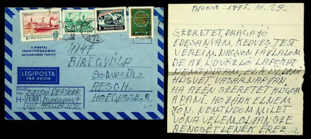 HUNGARY 1975 4v ON AIRMAIL COVER FROM BUDAPEST TO AESCH SWITZERLAND W/ LETTER