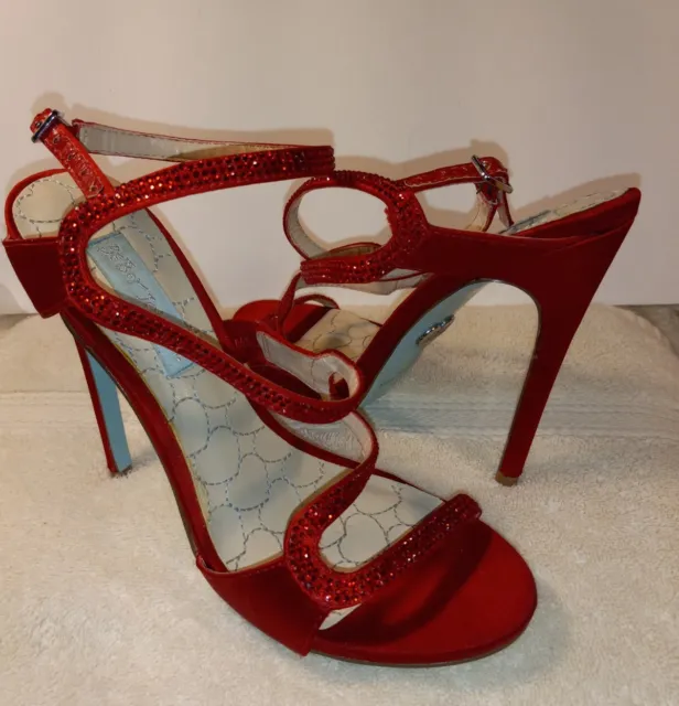 New Blue Betsey Johnson Evening Stiletto Sandals Red Fabric Embellished Size 7M