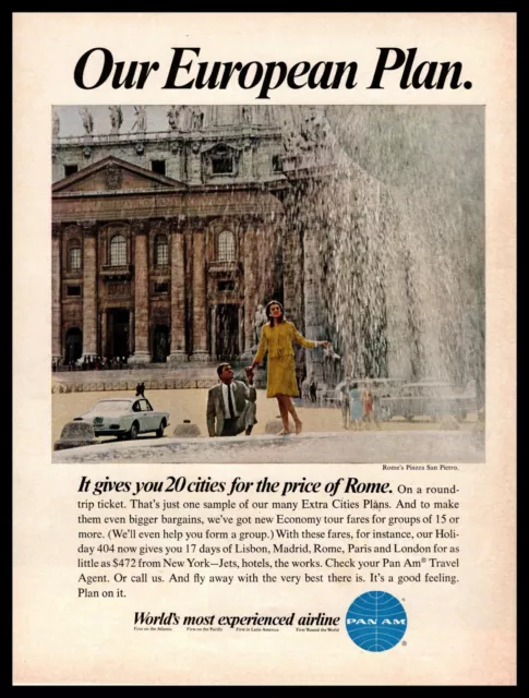 1967 Pan Am Airlines Fontane di Piazza San Pietro Vatican City Rome Print Ad