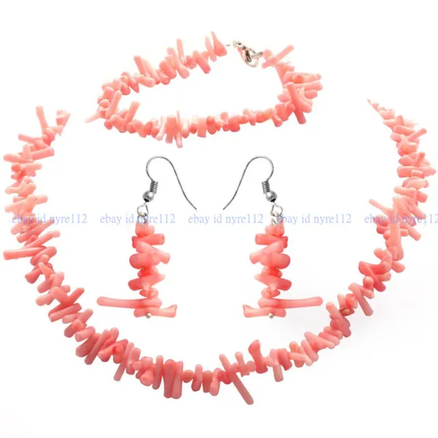 3x10mm Natural Pink Coral Chip Gems Beads Necklace Bracelet Earrings Jewelry Set