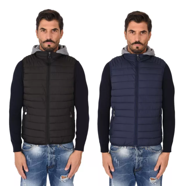 Smanicato Uomo con Cappuccio in Felpa Removibile Piumino Senza Maniche Slim Fit