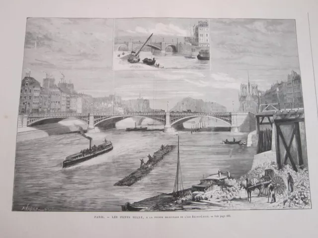 Gravure 1876 - Paris les ponts Sully pointe de l'ile Saint Louis