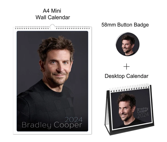 BRADLEY COOPER 2024 A4 Wall + Desktop Calendar + Pin Button Badge 19.