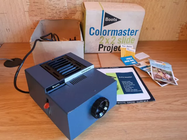 Vintage Boots Colormaster 2" x 2" Colour Slide Projector Blue In Box working