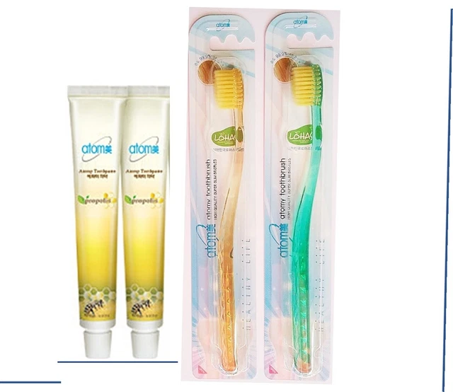 Atomy 2 Toothbrushes Toothpaste Oral Care Gold Coated Slim Propolis Green Tea