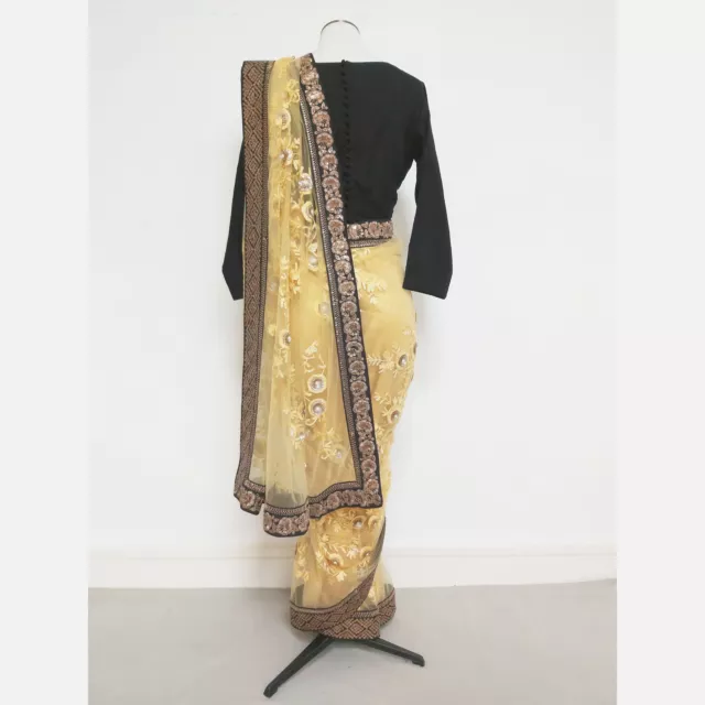 Zarkan Indian Designer Saree nd Blouse Yellow Black Silk Net UK Size XL RRP£460 2