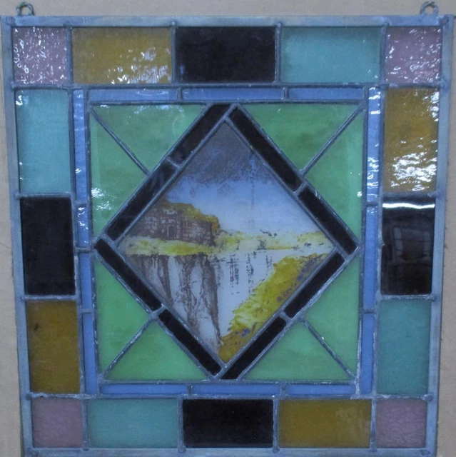 OLD ENGLISH STAINED GLASS WINDOW Unframed w Hooks Pretty Riverside 15.5" x 16.5"