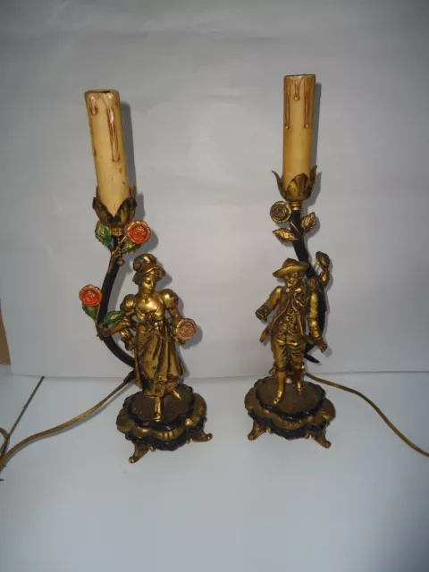 Vintage pair ORNATE Cast Metal Table Lamps Boudoir Gold Bronze Tone