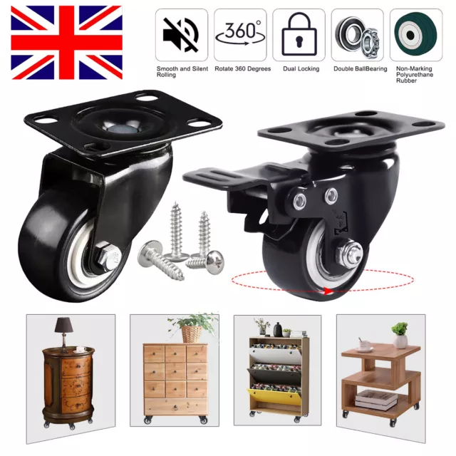 4pcs Heavy Duty 50mm Rubber Swivel Castor Wheels Trolley Furniture Caster Brake