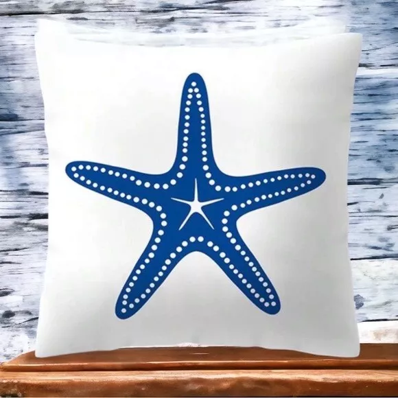 Funda de almohada náutica playa estrella de mar costera cremallera cuadrada blanca azul 17,7 x 17,7