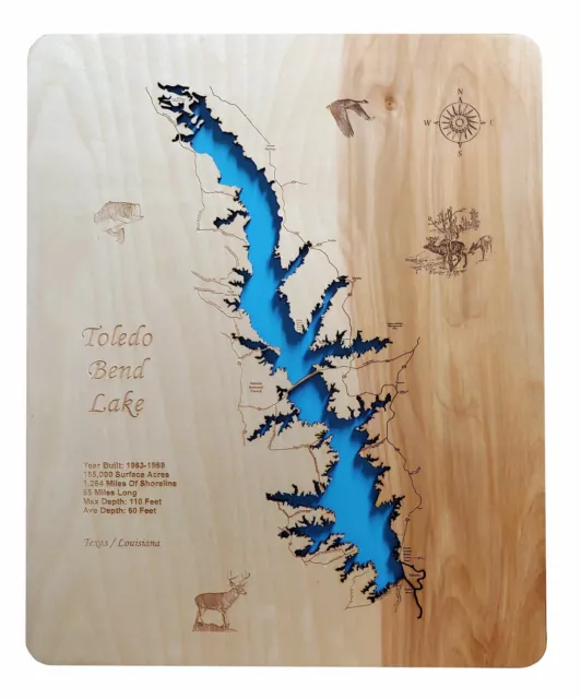 Toledo Bend Lake, Texas / Louisiana - laser cut wood map | Wall Art