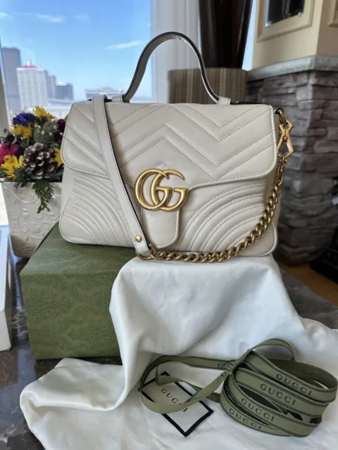 Gucci GG Marmont Top Handle Flap Bag Matelasse Leather Small Off White Msrp 2900