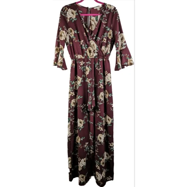 NWT Francesca's Miami Romper Maxi Dress V-Neck Floral Bell Sleeves Burgundy Sz L