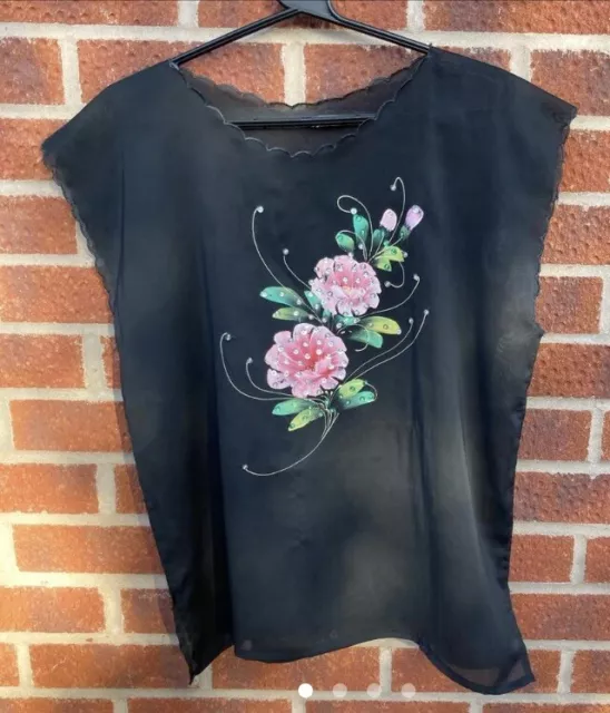 Vintage 80’s Black Sheer Short Sleeve Floral Graphic Sequins Blouse Top Size M