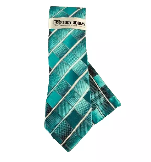 Stacy Adams Men's Tie Hanky Set Turquoise Teal Silver Charcoal Plaids 3.5" Wide