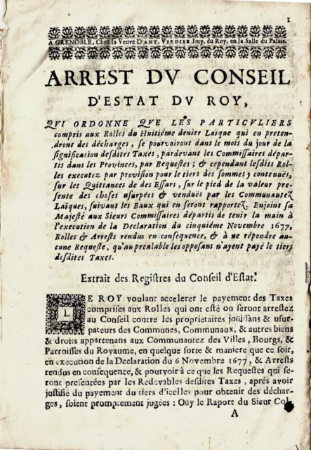 1677 Arrêt du Conseil d'Etat, recouvrement du denier 8, Forcalquier, Die, Lyon