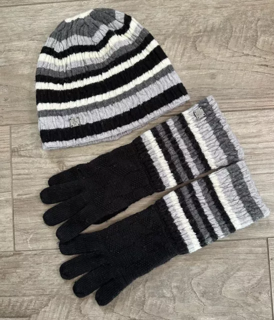 EUC Smartwool Womens Hat Gloves Set Beanie Knit One Size Gray Black